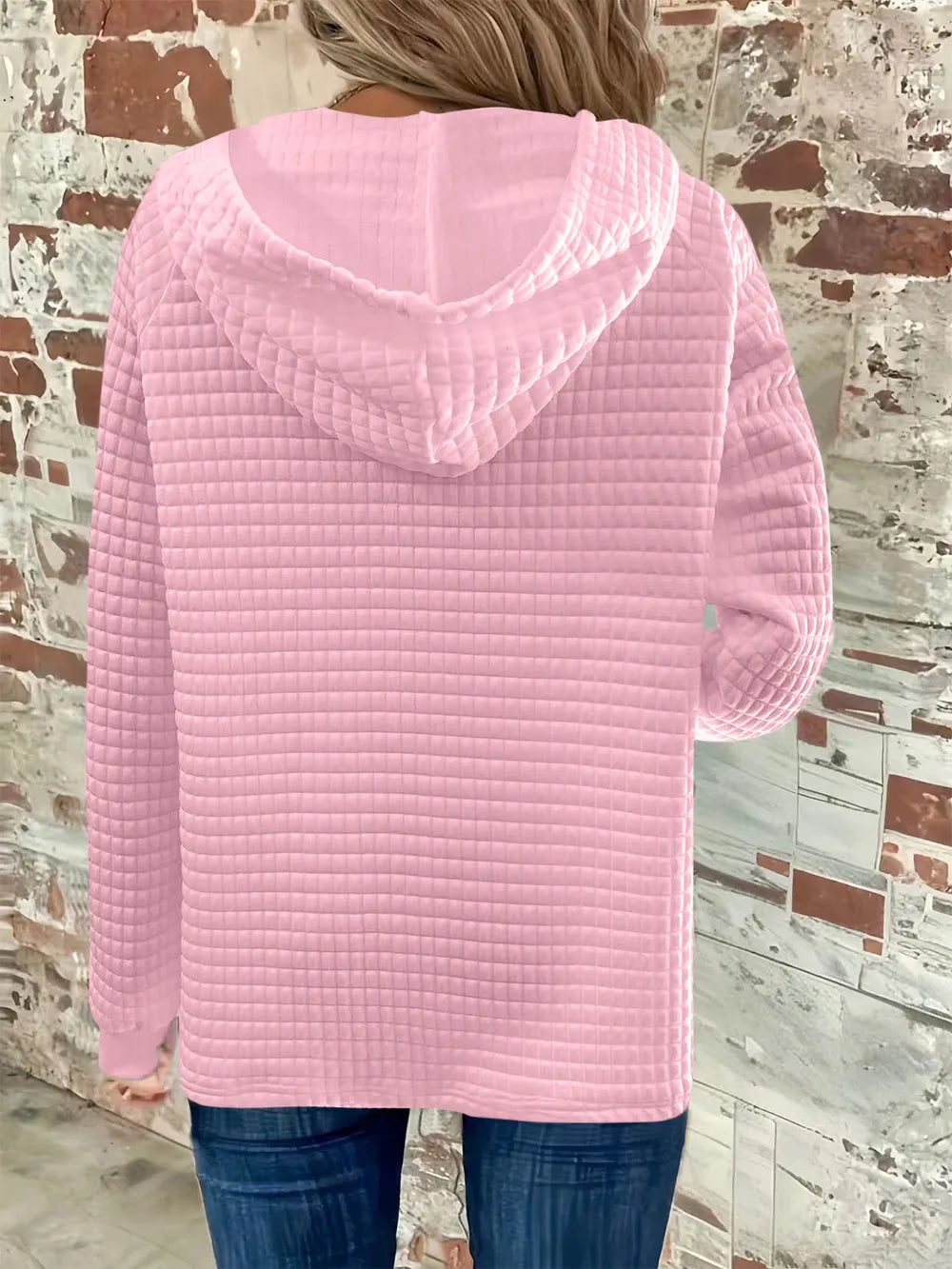 Full Size Texture Button Detail Drawstring Long Sleeve Hoodie 