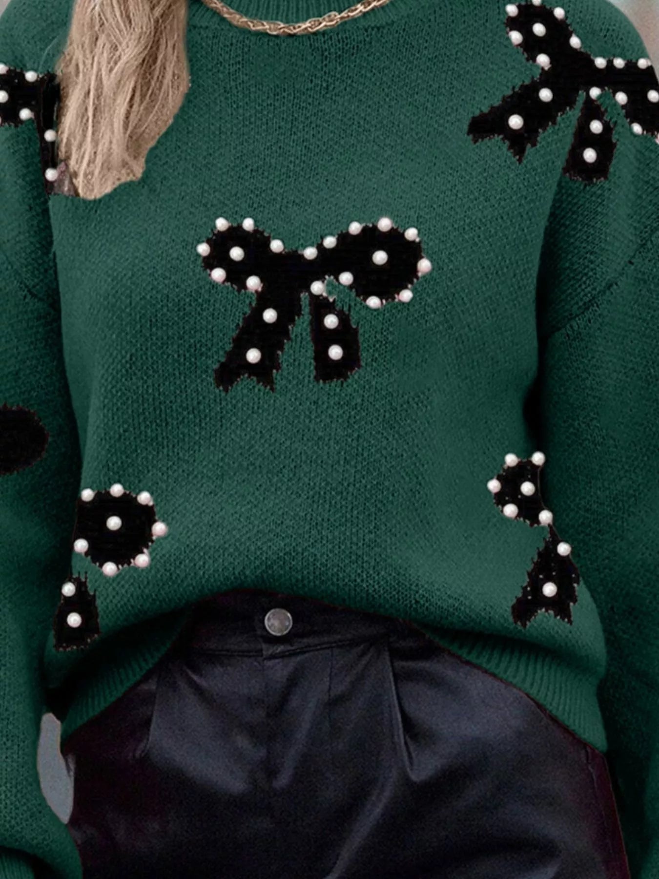 Pearl Bow-Embellished Long Sleeve Sweater 