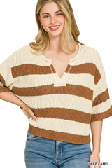 Zenana Split Neck Stripe Sweater 