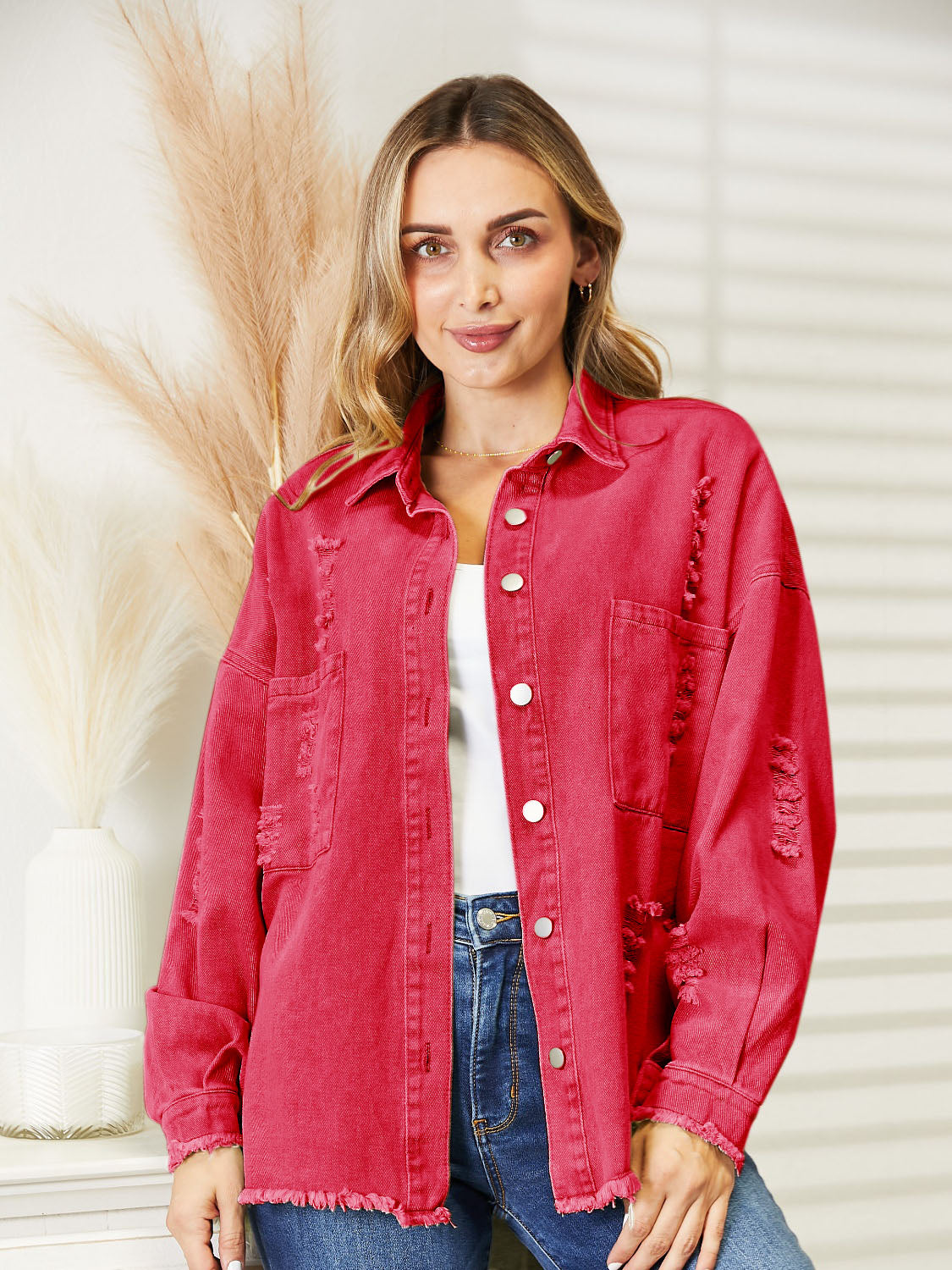 Distressed Raw Hem Denim Jacket 