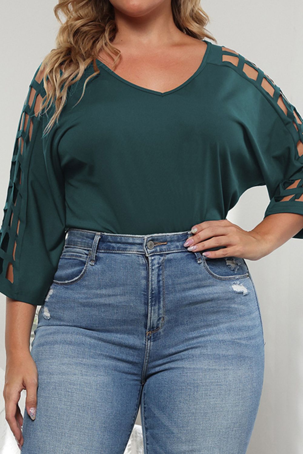 Plus Size Cutout Three-Quarter Sleeve Blouse 