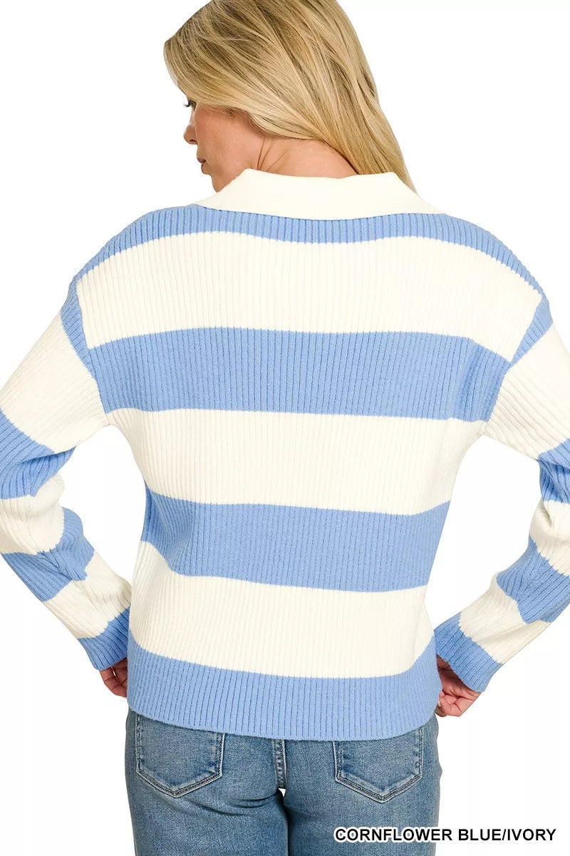 Zenana Striped Collared Sweater 