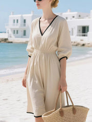 Full Size Contrast Trim V-Neck 3/4 Sleeve Dress Plus Size 