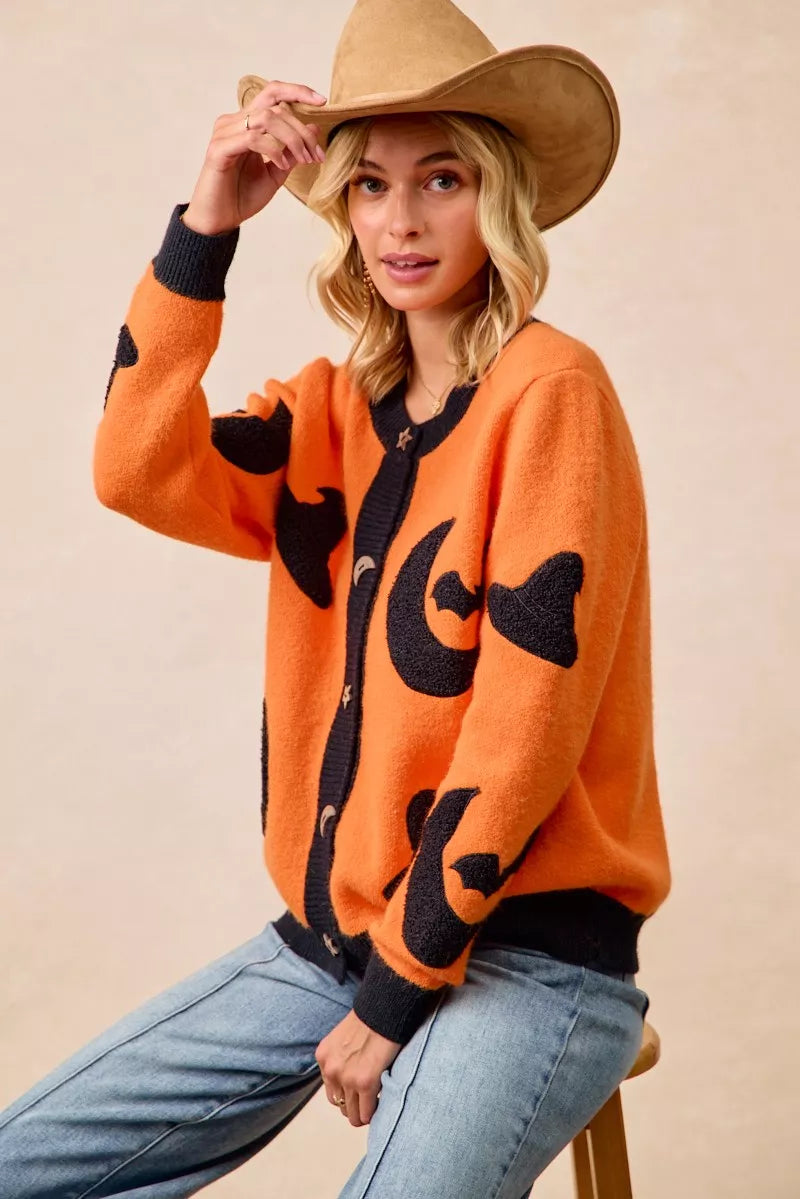 BiBi Halloween Witch Hat Moon Bat Artwork Cardigan 