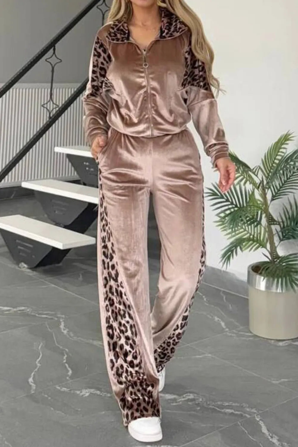 Full Size Collared Neck Leopard Zip Up Top and Pants Set Plus Size 