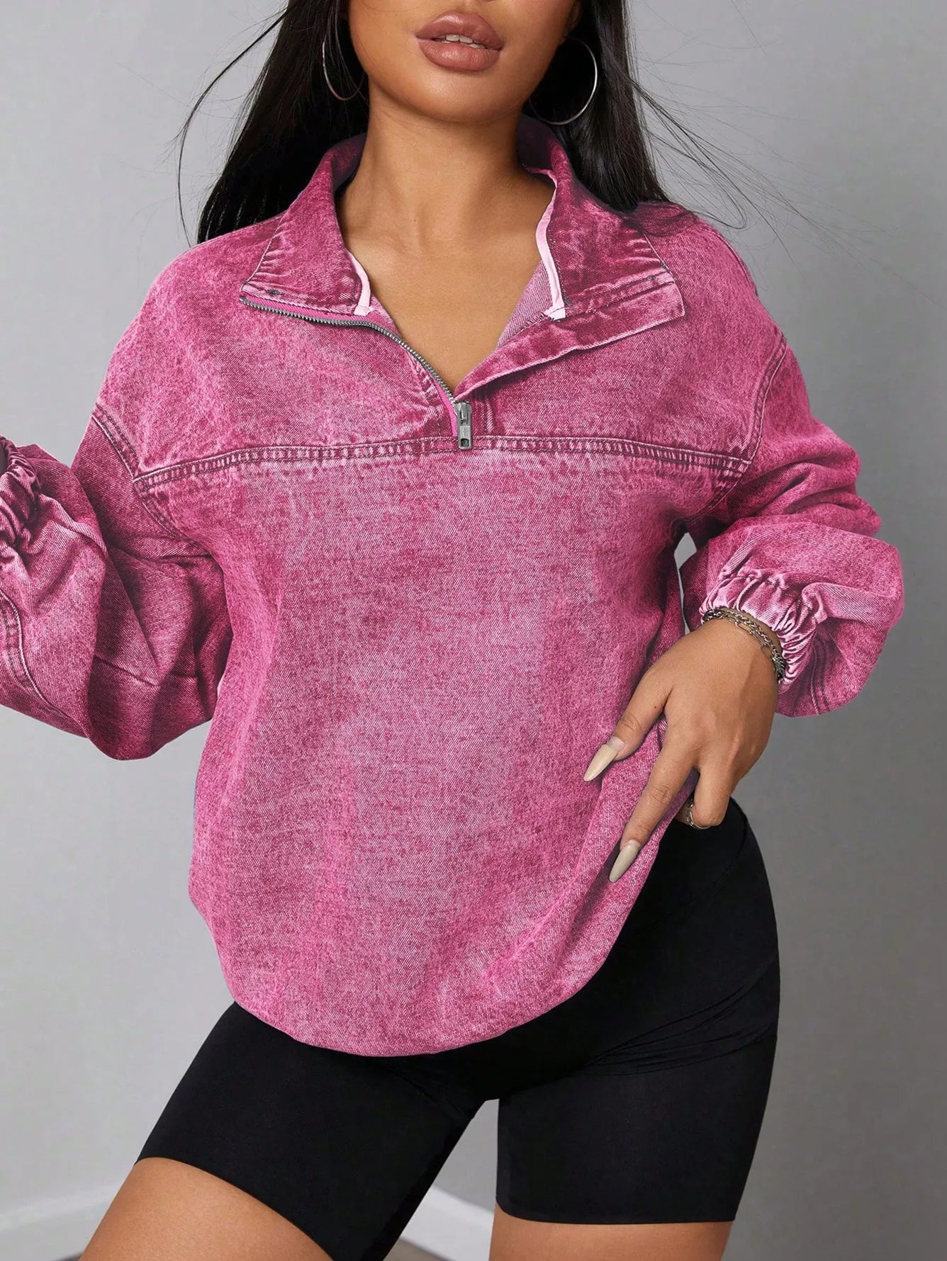 Zip Collar Long Sleeve Denim Top 