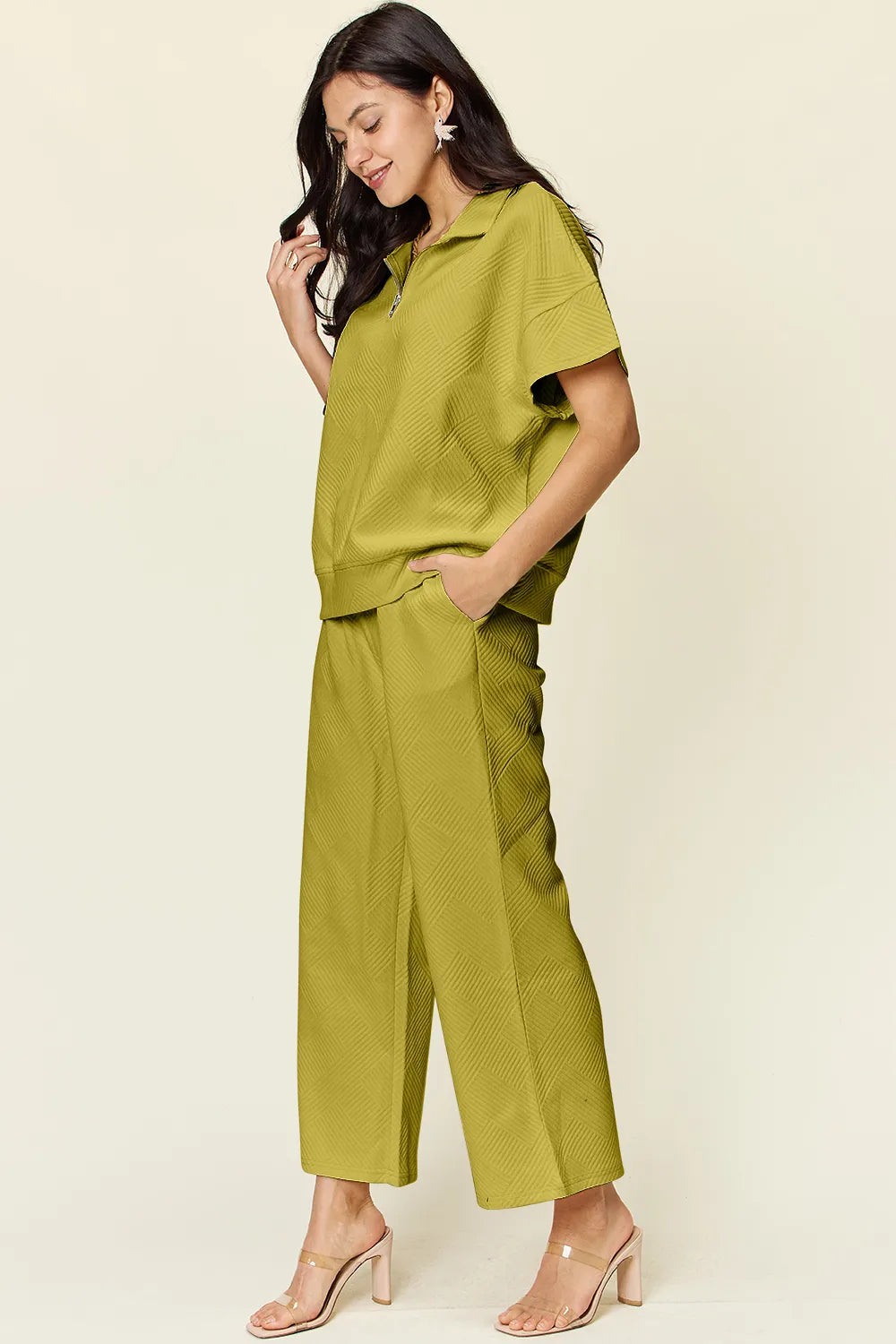 Double Take Full Size Texture Half Zip Short Sleeve Top and Pants Set 