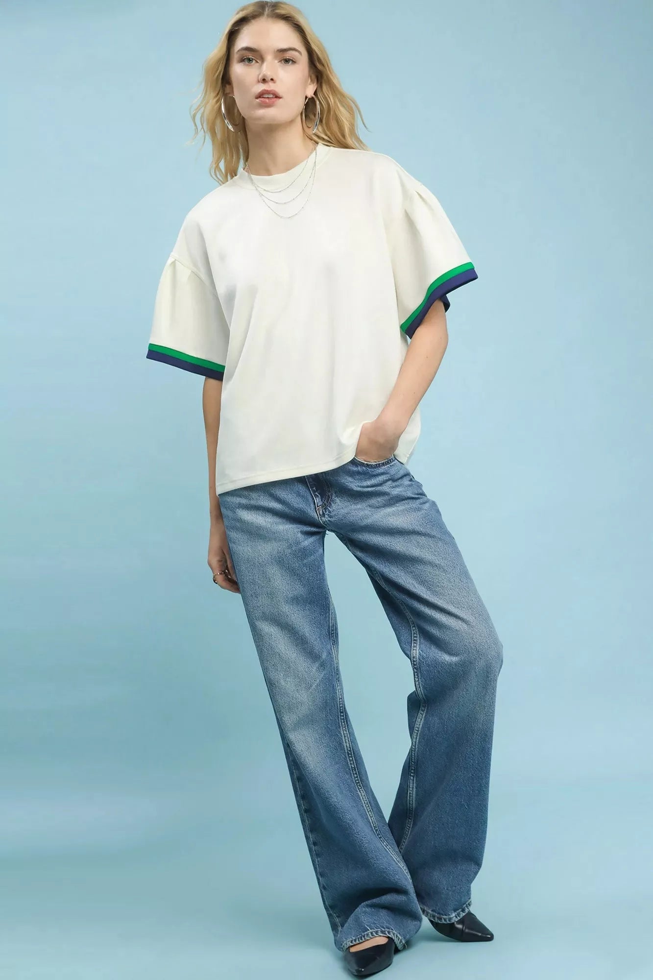 Umgee Contrast Trim Bell Sleeve Top 