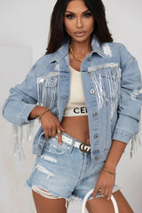 Sequin Fringe Trim Distressed Button Up Denim Jacket 