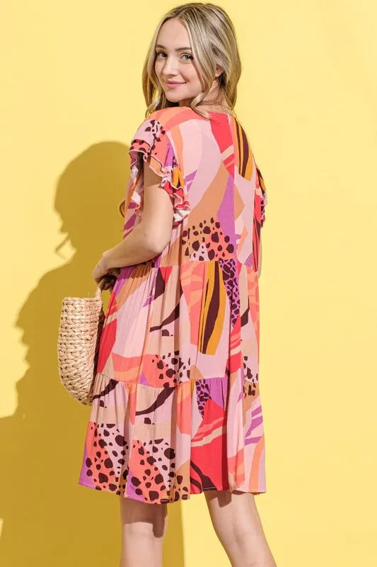 And The Why Printed Double Ruffles Sleeve Dress 