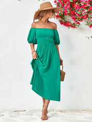 Off-Shoulder Balloon Sleeve Midi Dress 