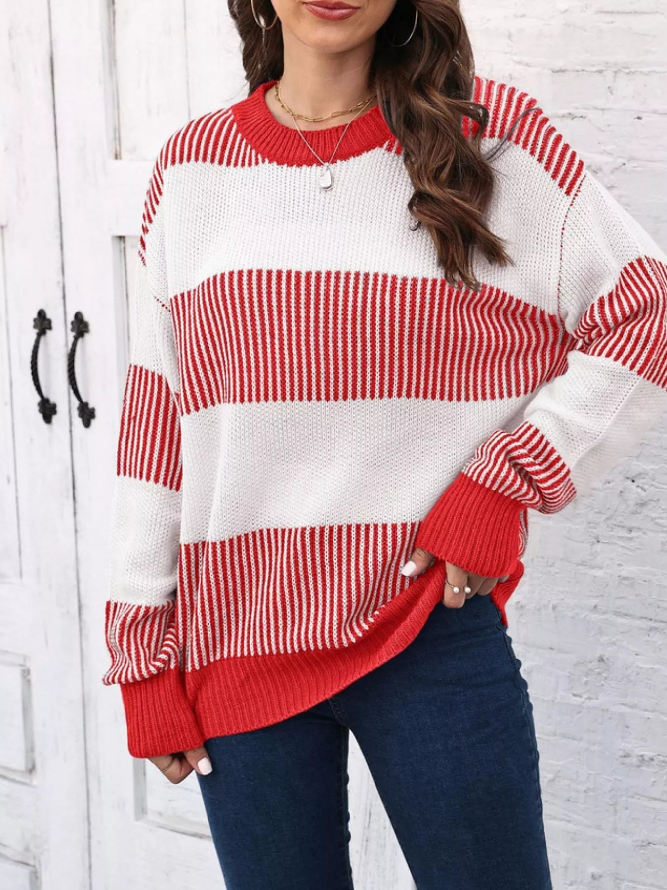 Full Size Color Block Dropped Shoulder Sweater Plus Size 