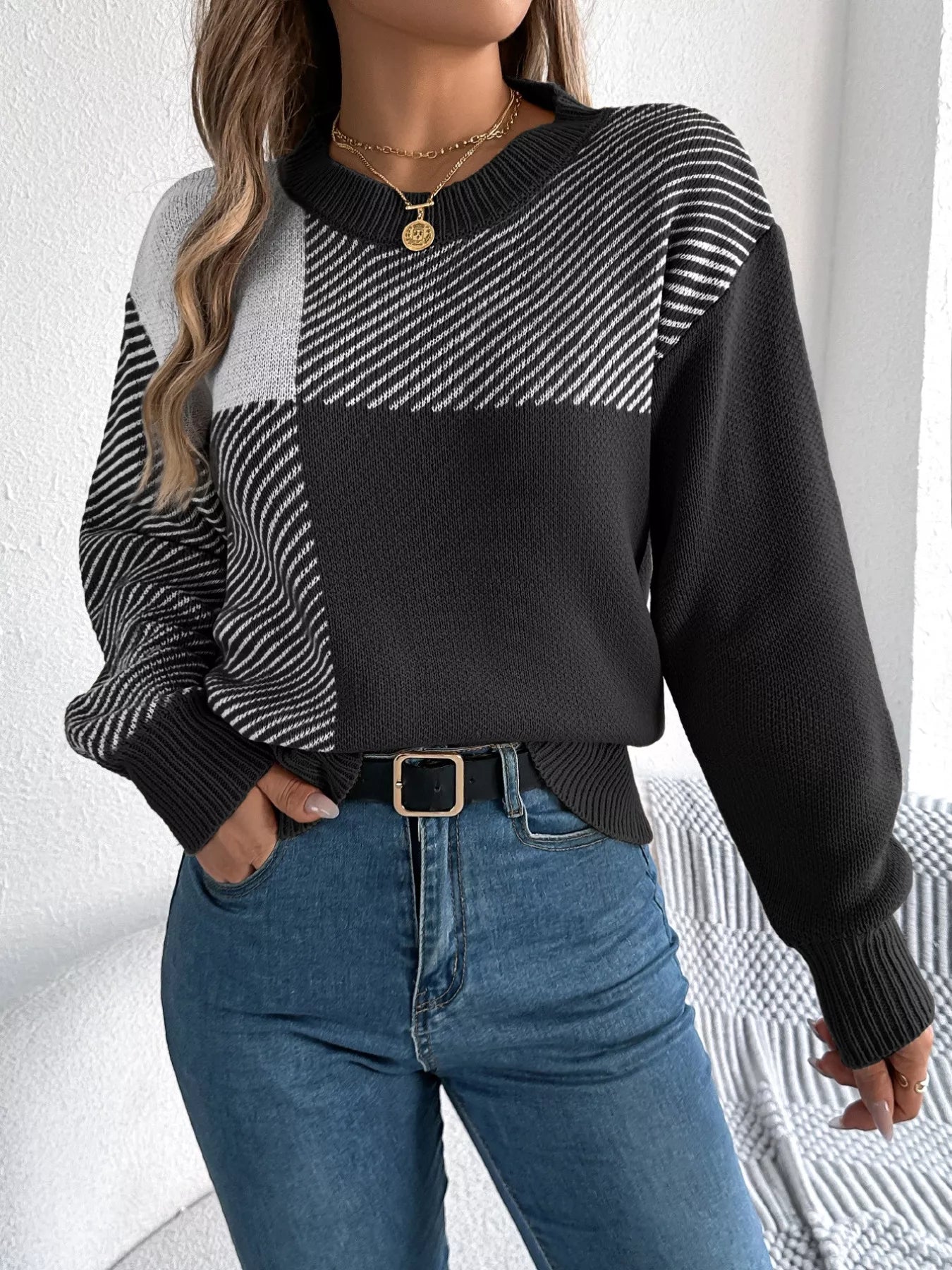 Color Block Striped Round Neck Sweater 
