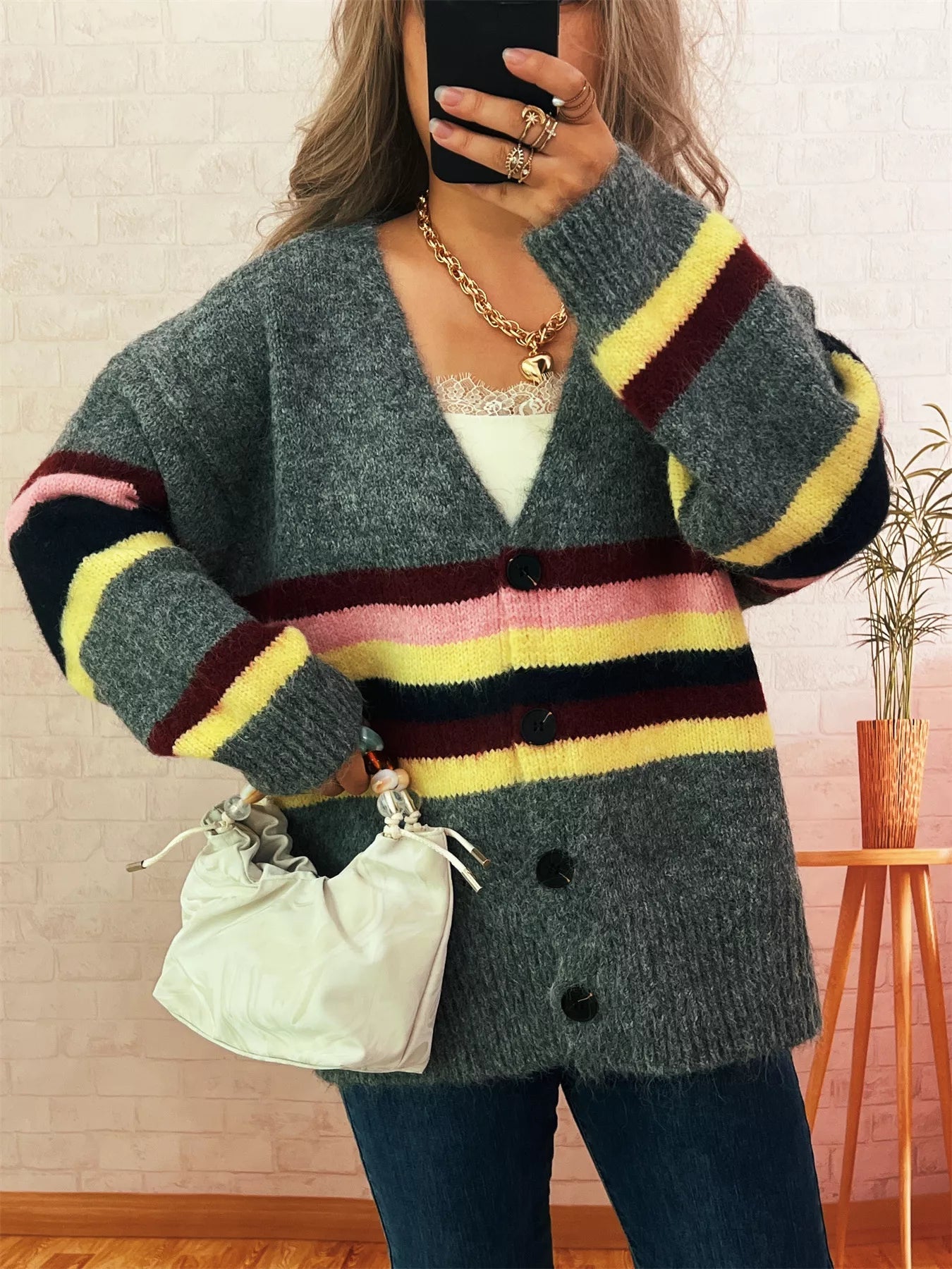 Ribbed Striped Button Down Cardigan 