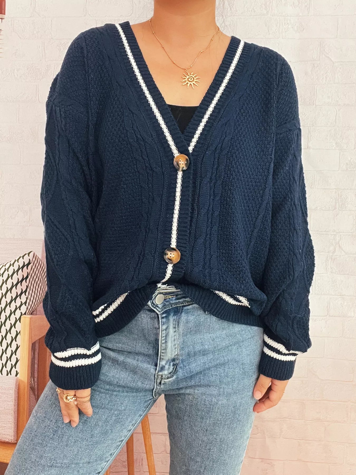 Star Pattern Button-Up Cardigan with Contrast Trim 