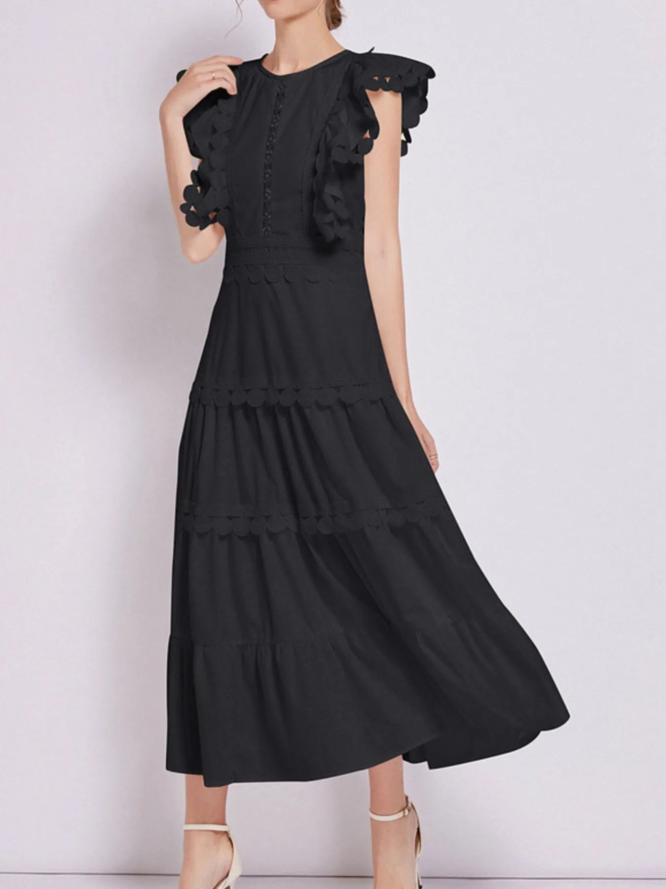 Sleeveless Ruffled Tiered Dress with Embroidered Trim 