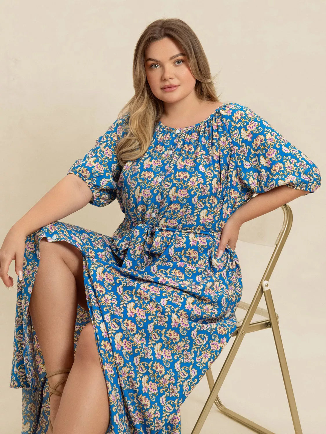 Plus Size Floral Print Maxi Dress with Side Slit 