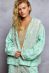 POL Exposed Seam Button Down Hooded Jacket with Lace Detail 