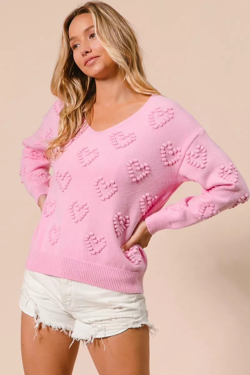 BiBi Valentines Heart Pompom V Neck Knit Top 
