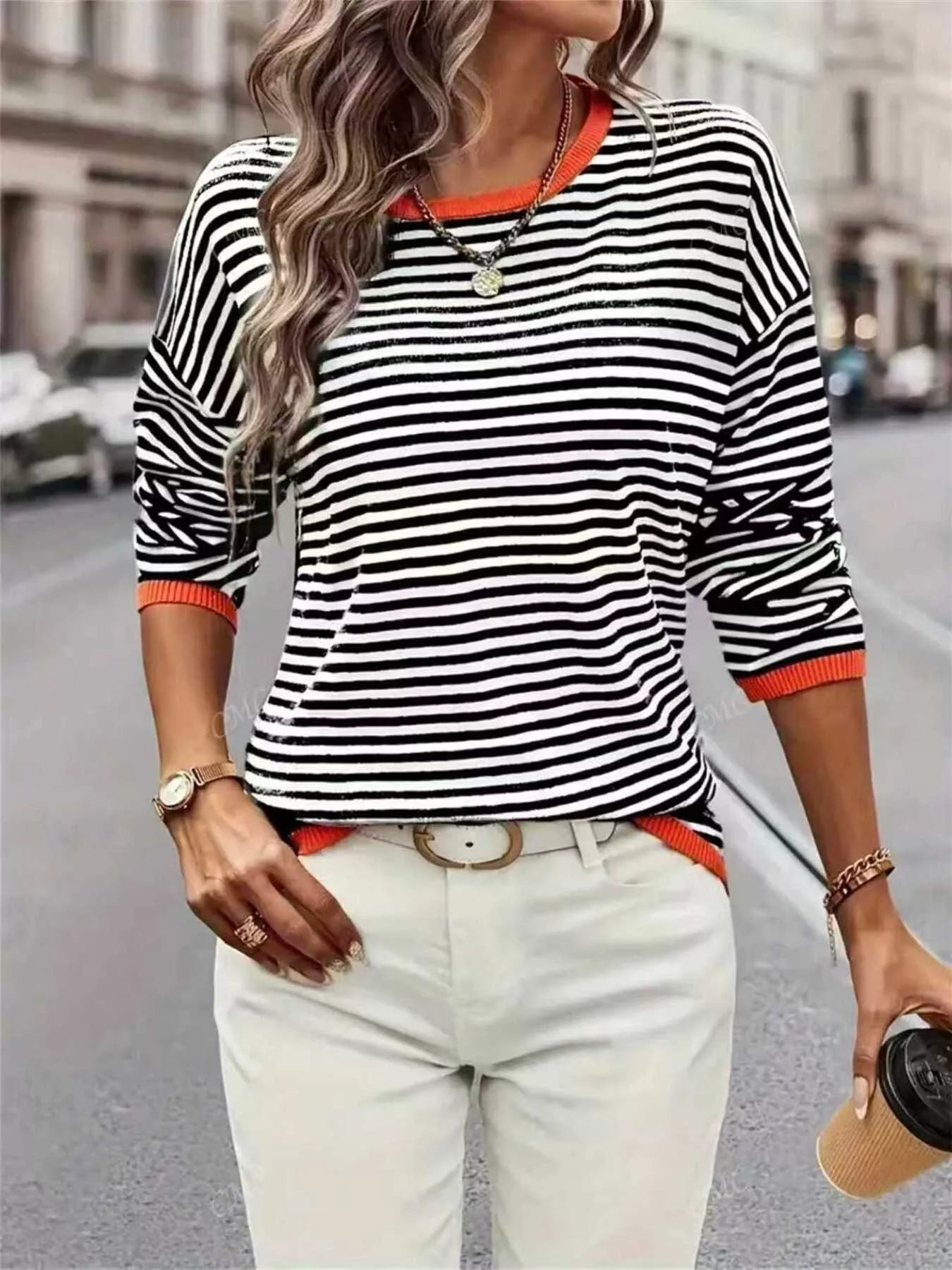 Plus Size Contrast Striped Long Sleeve Sweater 