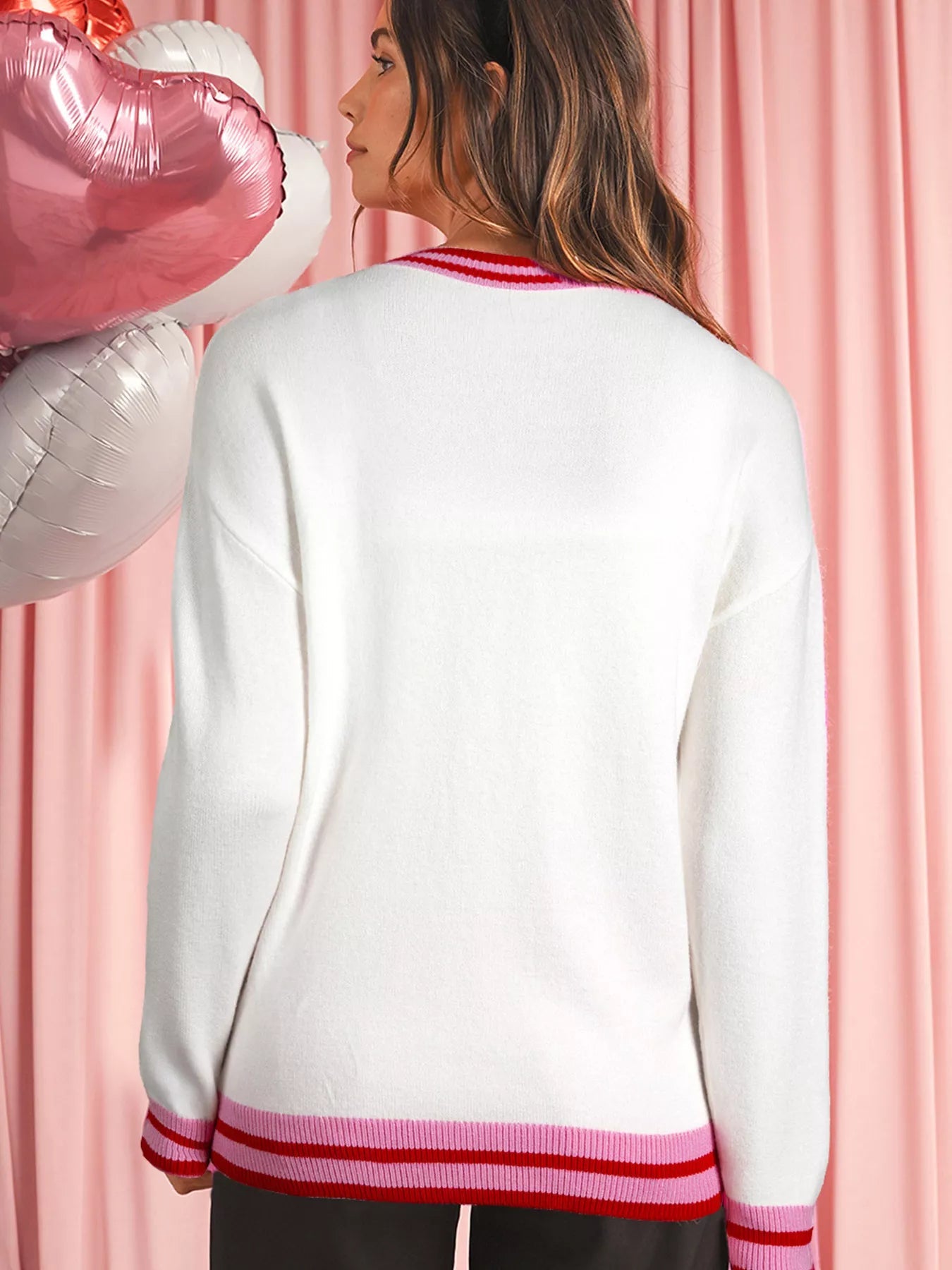 Striped Trim Bow Graphic Round Neck Drop Shoulder Sweater 