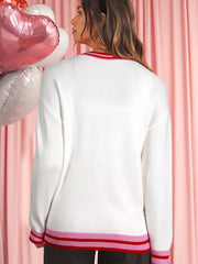 Striped Trim Bow Graphic Round Neck Drop Shoulder Sweater 