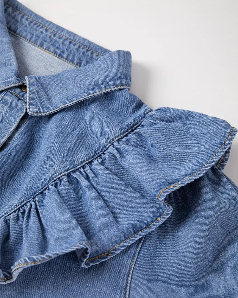 Ruffled Collared Neck Long Sleeve Denim Top 