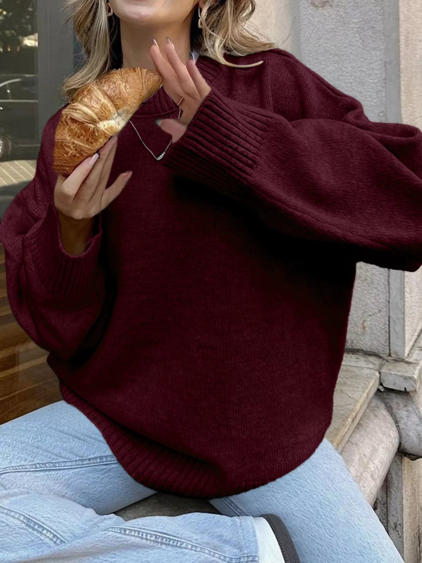 Ribbed Round Neck Dropped Shoulder Sweater 