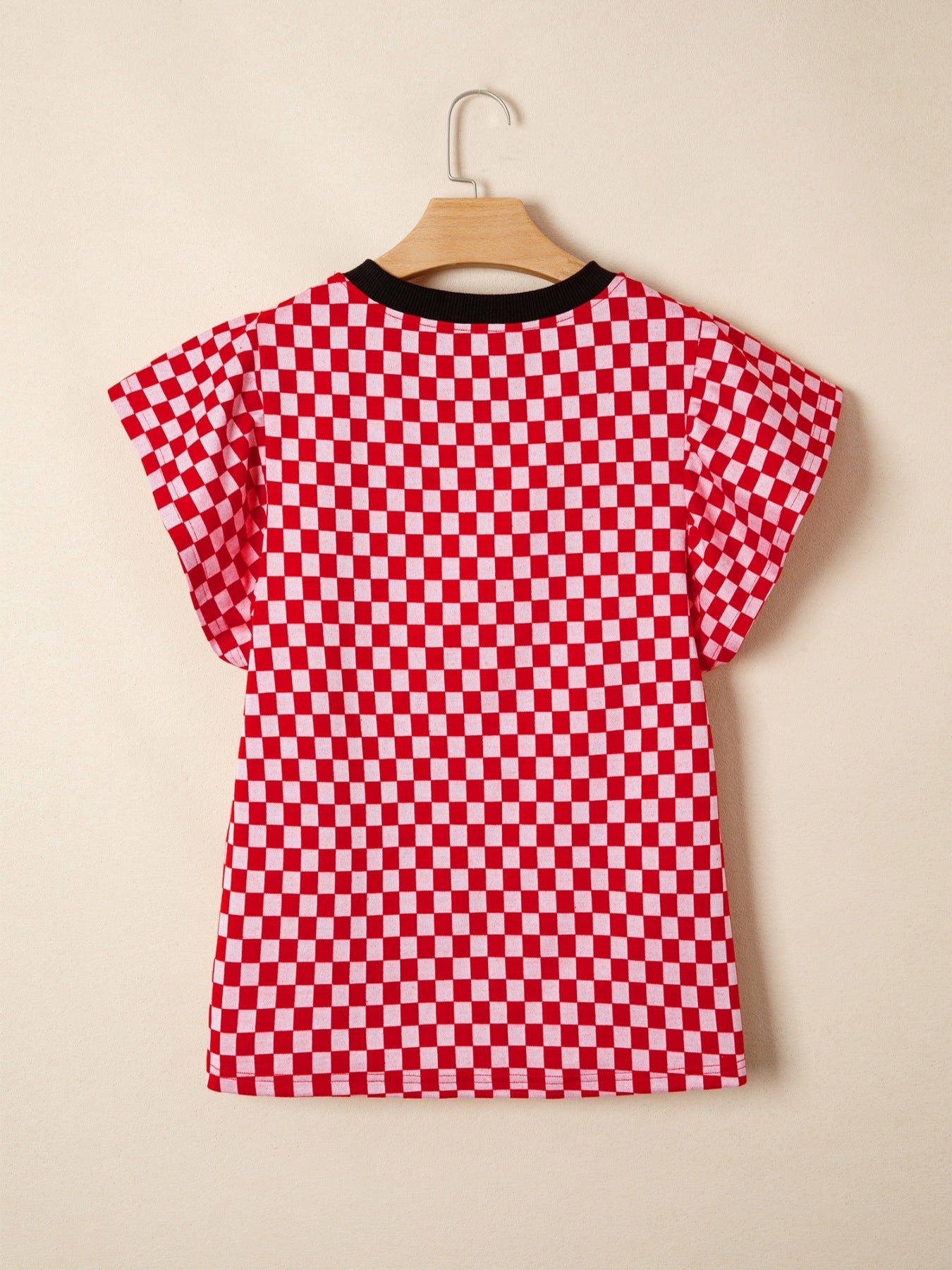 Checkered Print Ruffle Cap Sleeve Contrast Trim Round Neck Top 