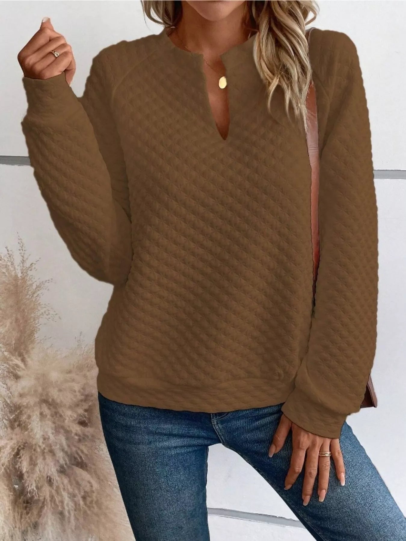 Textured Notched Raglan Sleeve Sweatshirt 