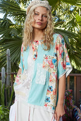 POL Lace Round Neck Short Sleeve Floral Pattern Top with Patch Detail 
