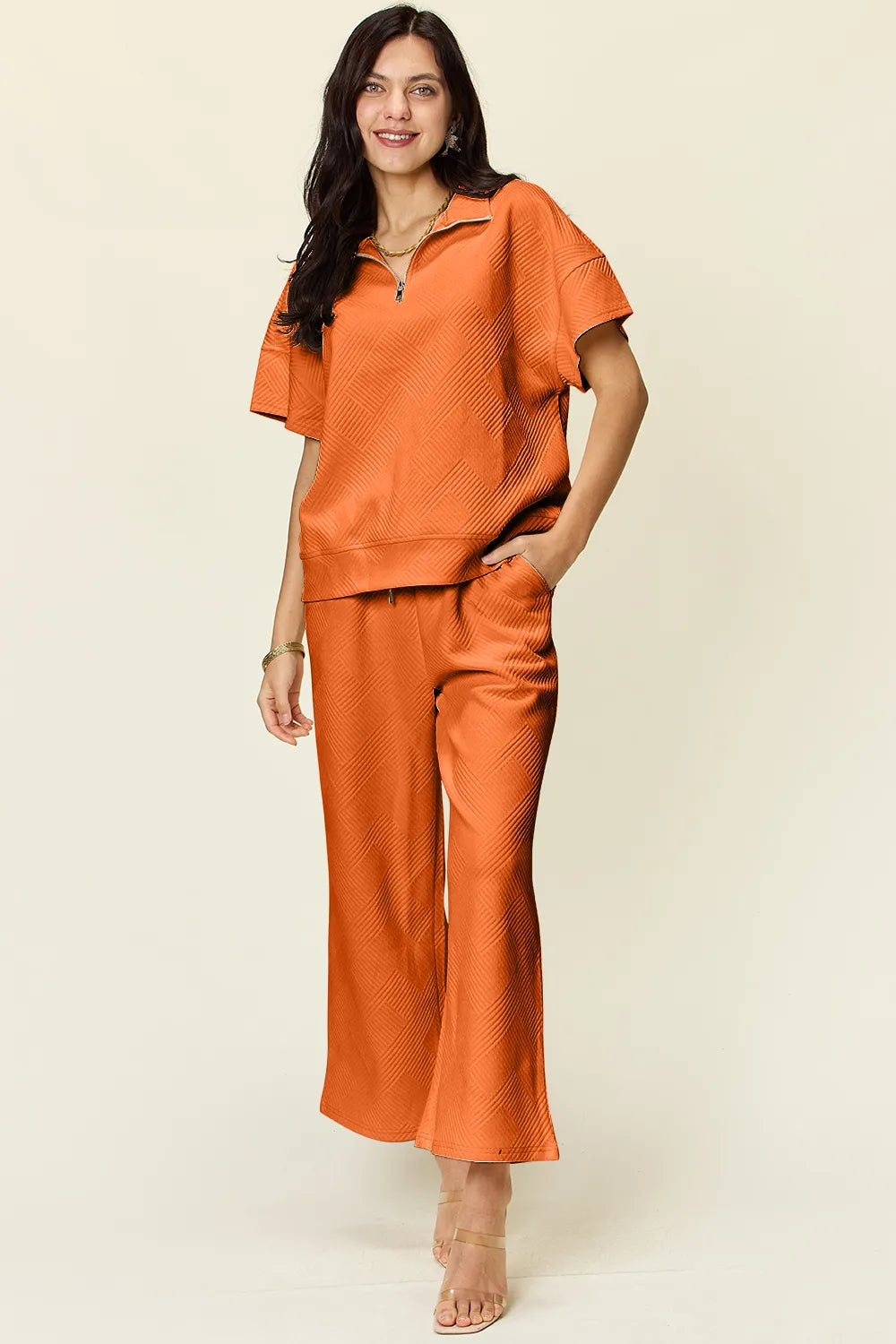 Double Take Full Size Texture Half Zip Short Sleeve Top and Pants Set 
