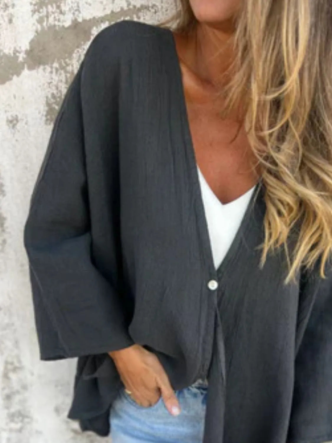 Full Size One Button Long Sleeve Shirt Plus Size 