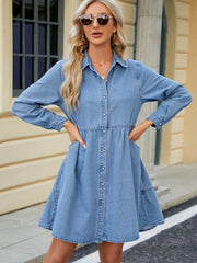 Tiered Button Up Long Sleeve Denim Dress 