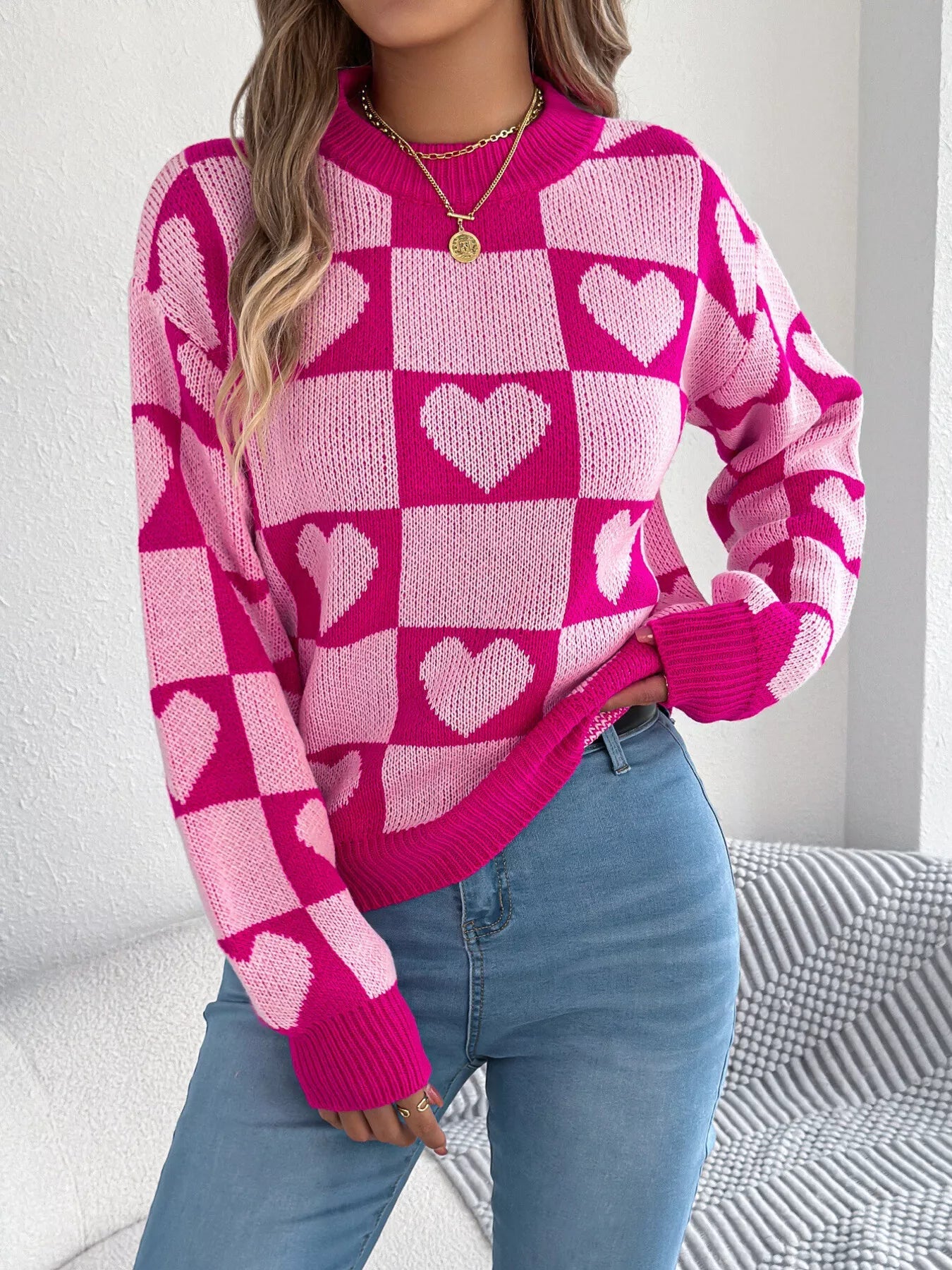 Heart Checkerboard Pattern Round Neck Sweater 