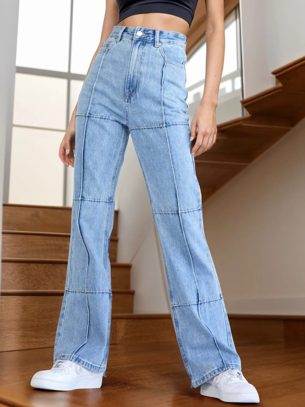 High Waist Straight Jeans with Pockets 