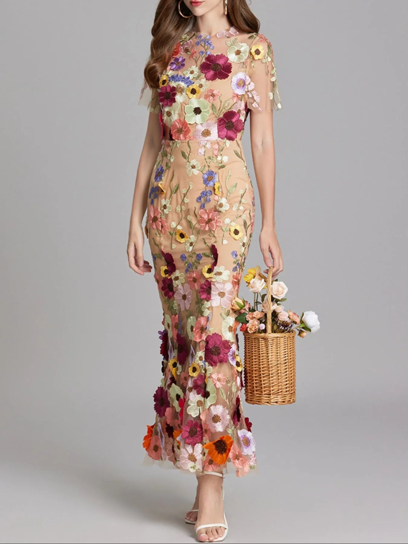 Floral Embroidered Mesh Overlay Maxi Dress 