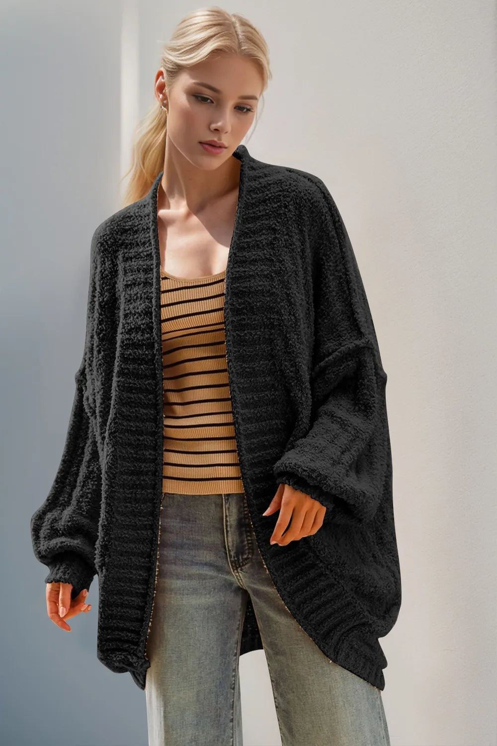 Double Take Full Size Open Front Long Sleeve Cardigan 