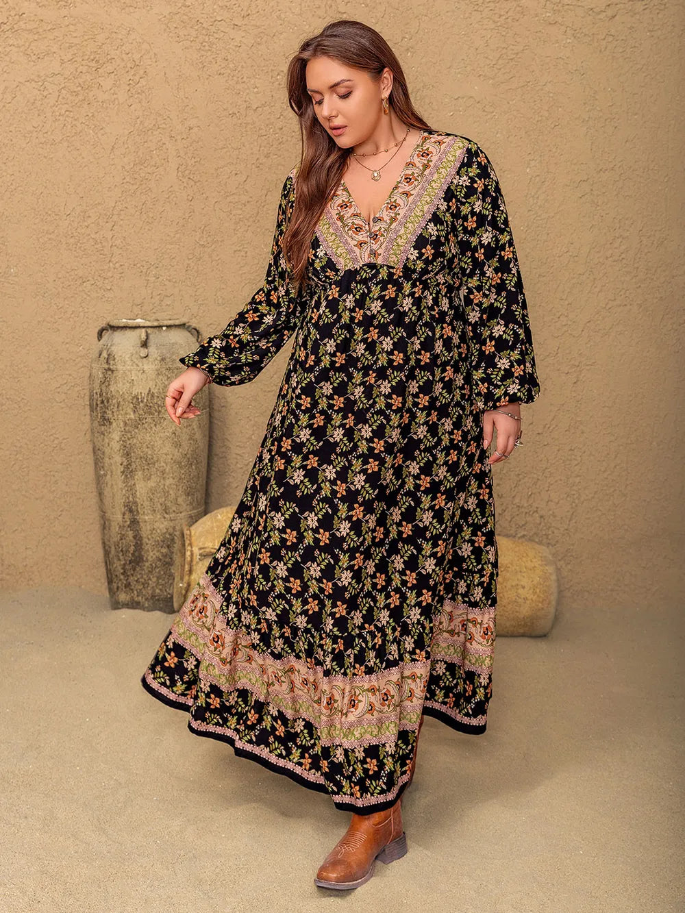 Plus Size Floral V-Neck Balloon Sleeve Dress 