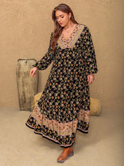 Plus Size Floral V-Neck Balloon Sleeve Dress 