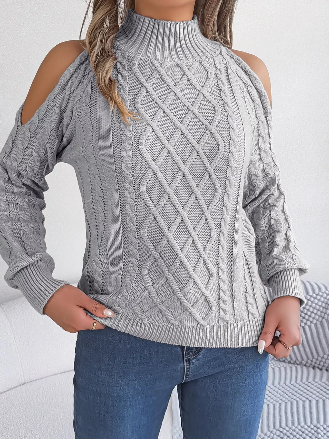 Cable Knit Cold Shoulder Turtleneck Sweater 