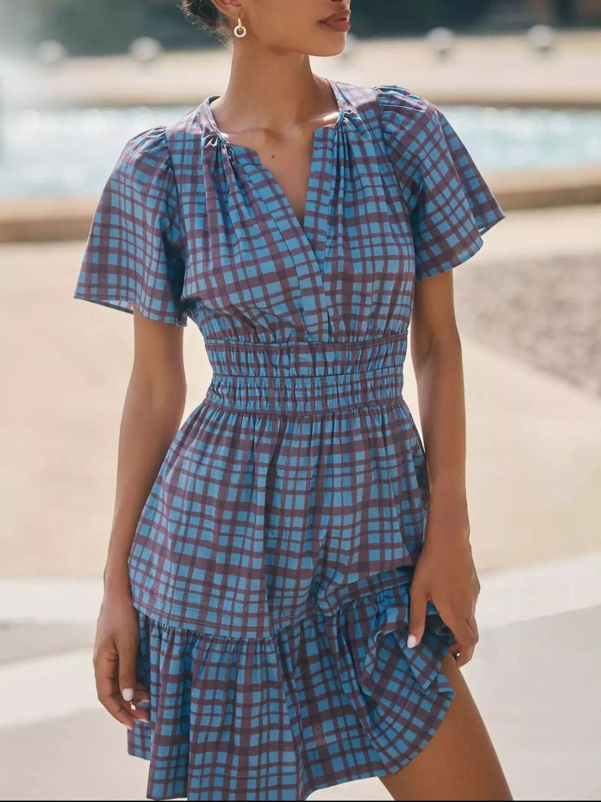 Printed Notched Short Sleeve Dress 