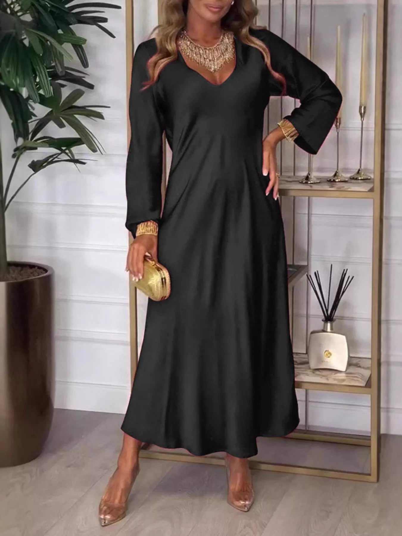 Full Size V-Neck Long Sleeve Midi Dress Plus Size 