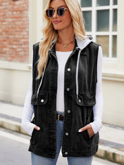 Drawstring Hooded Sleeveless Denim Jacket 