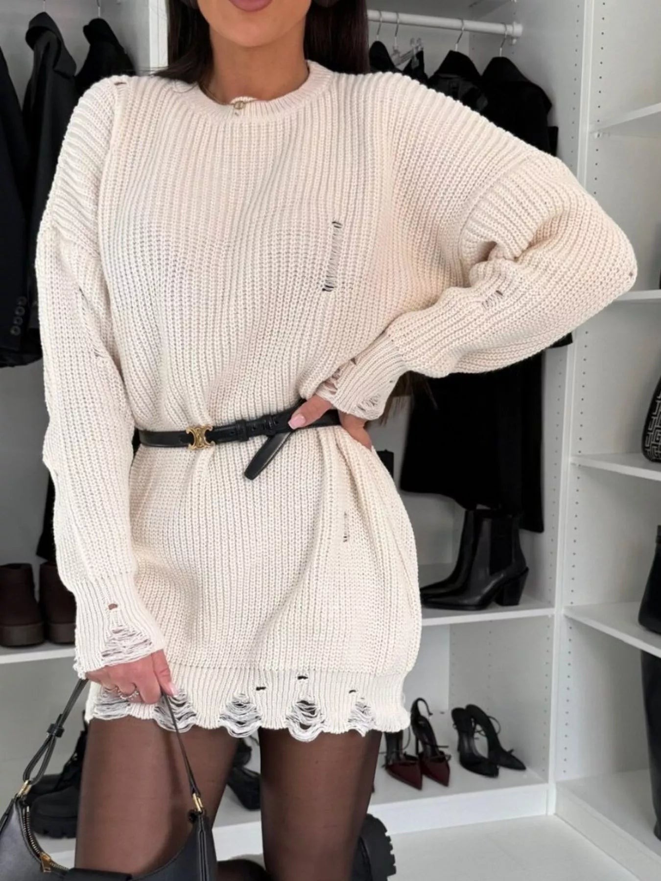 Distressed Round Neck Drop Shoulder Sweater Dress 