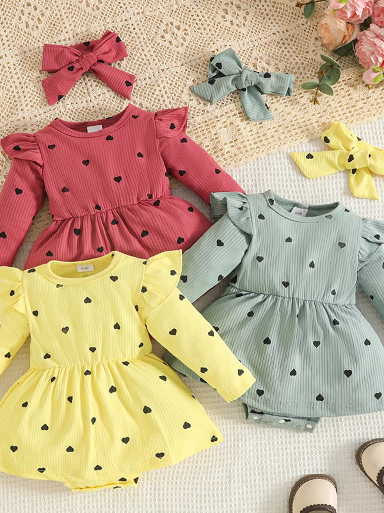 Children's Heart Print Dress & Headband Set 