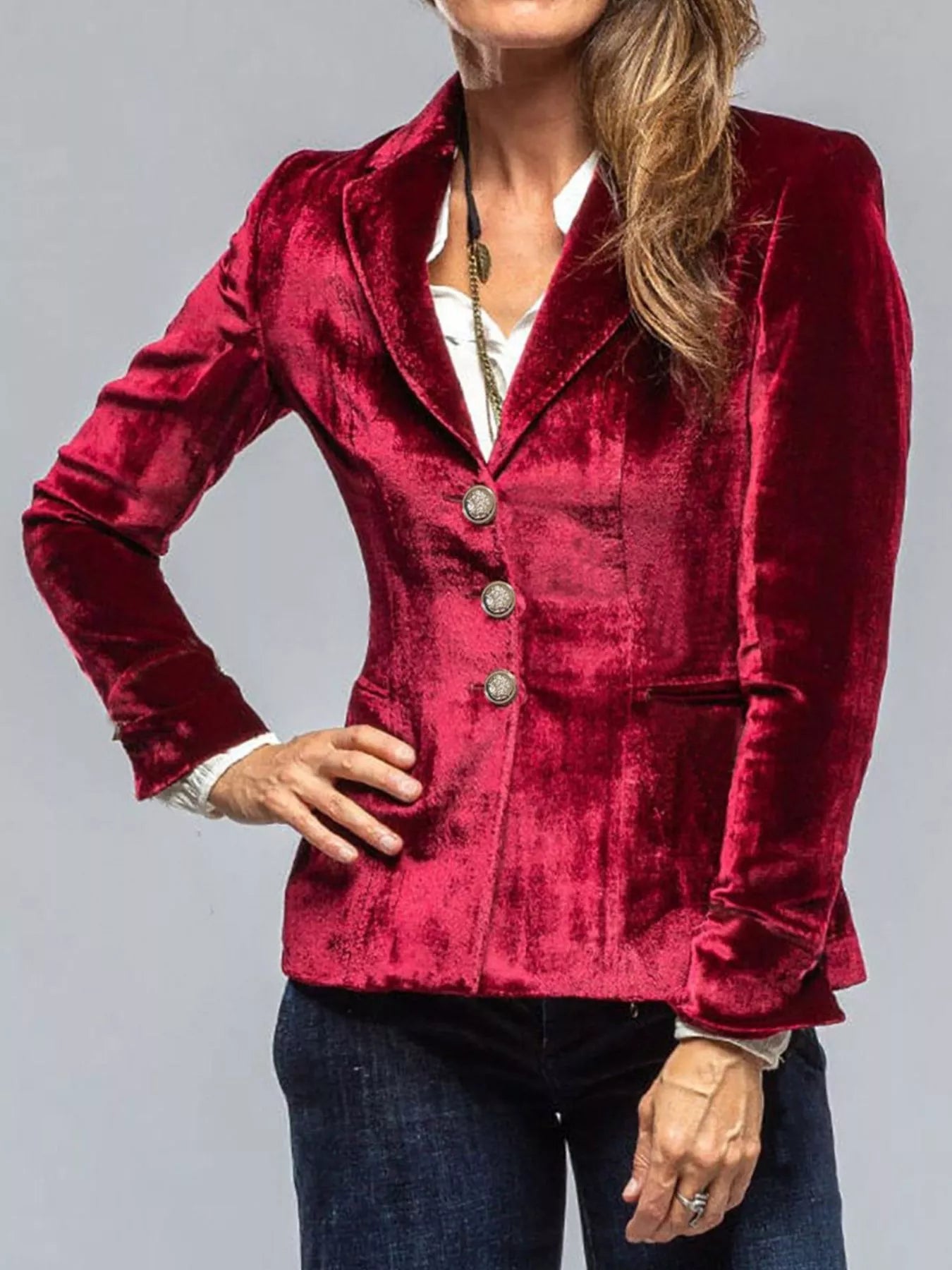 Velvet Lapel Collar Button Up Blazer 