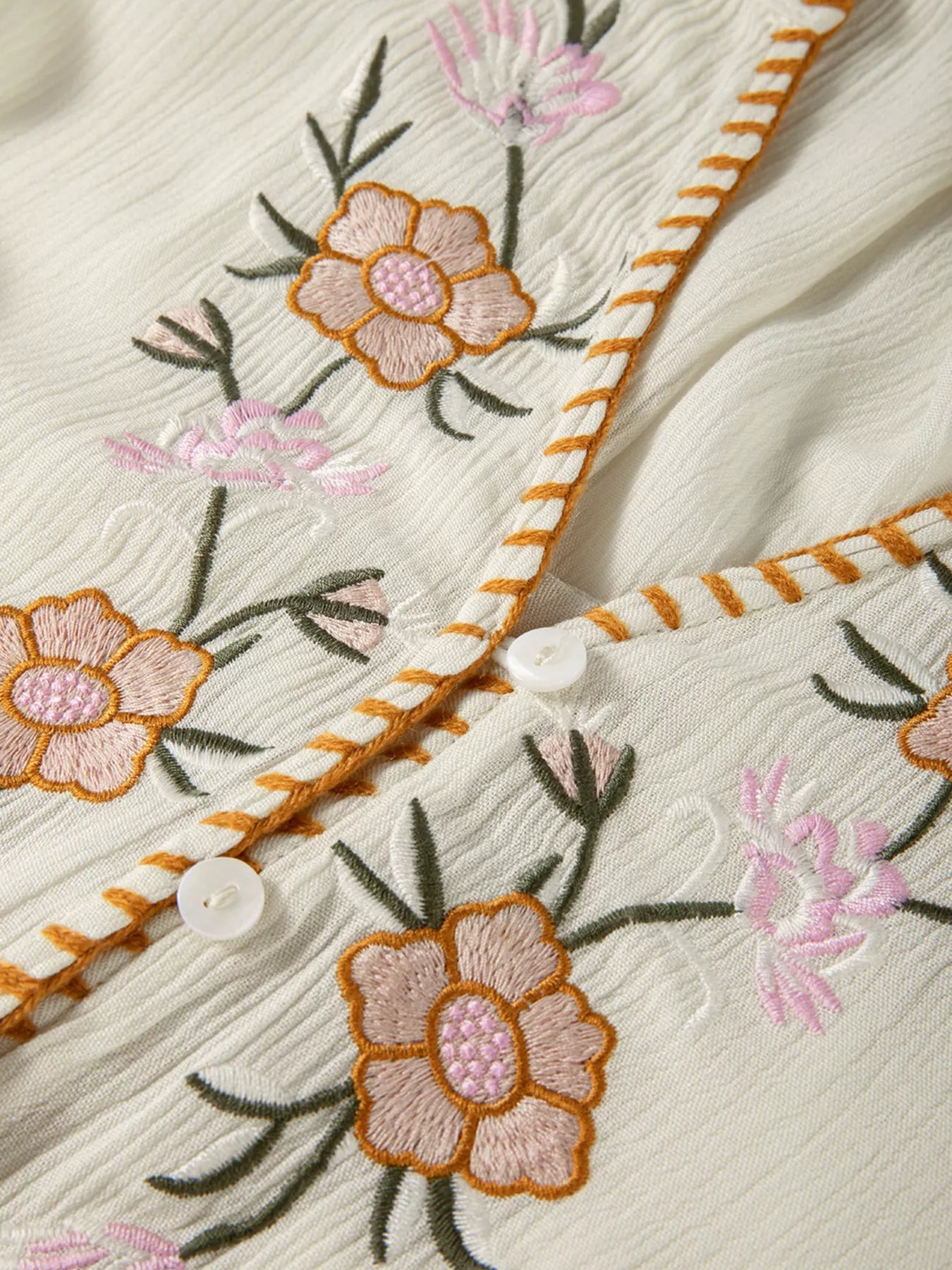 Floral Embroidered Textured Puff Sleeve Loose Shirt 