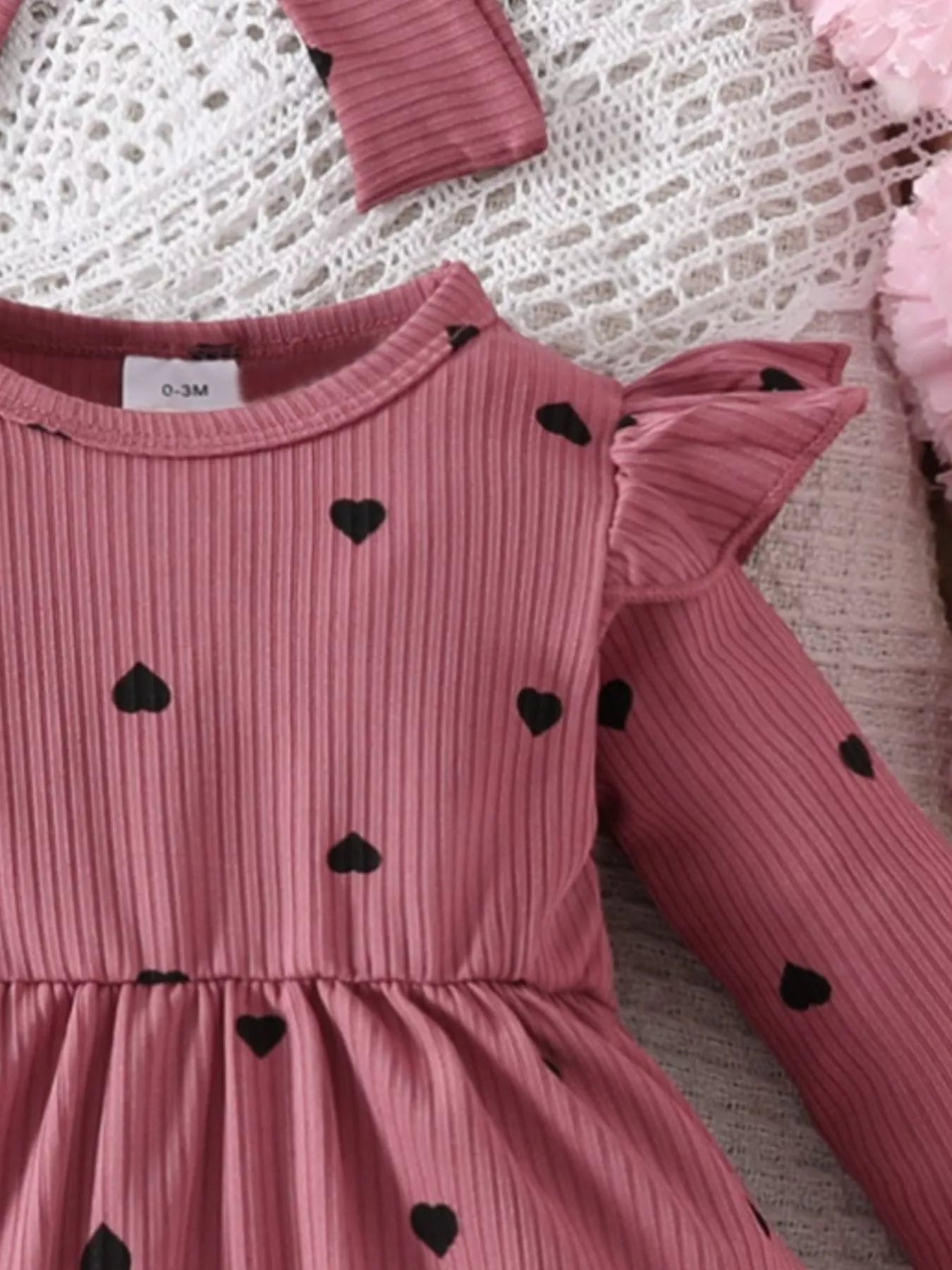Children's Heart Print Ruffle Trim Bodysuit Dress with Headband 