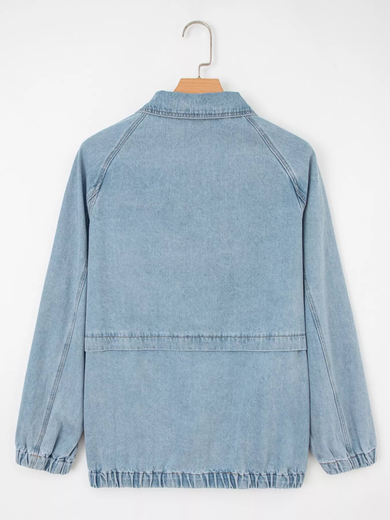 Elastic Edge Collared Zip Up Denim Jacket With Pocket 